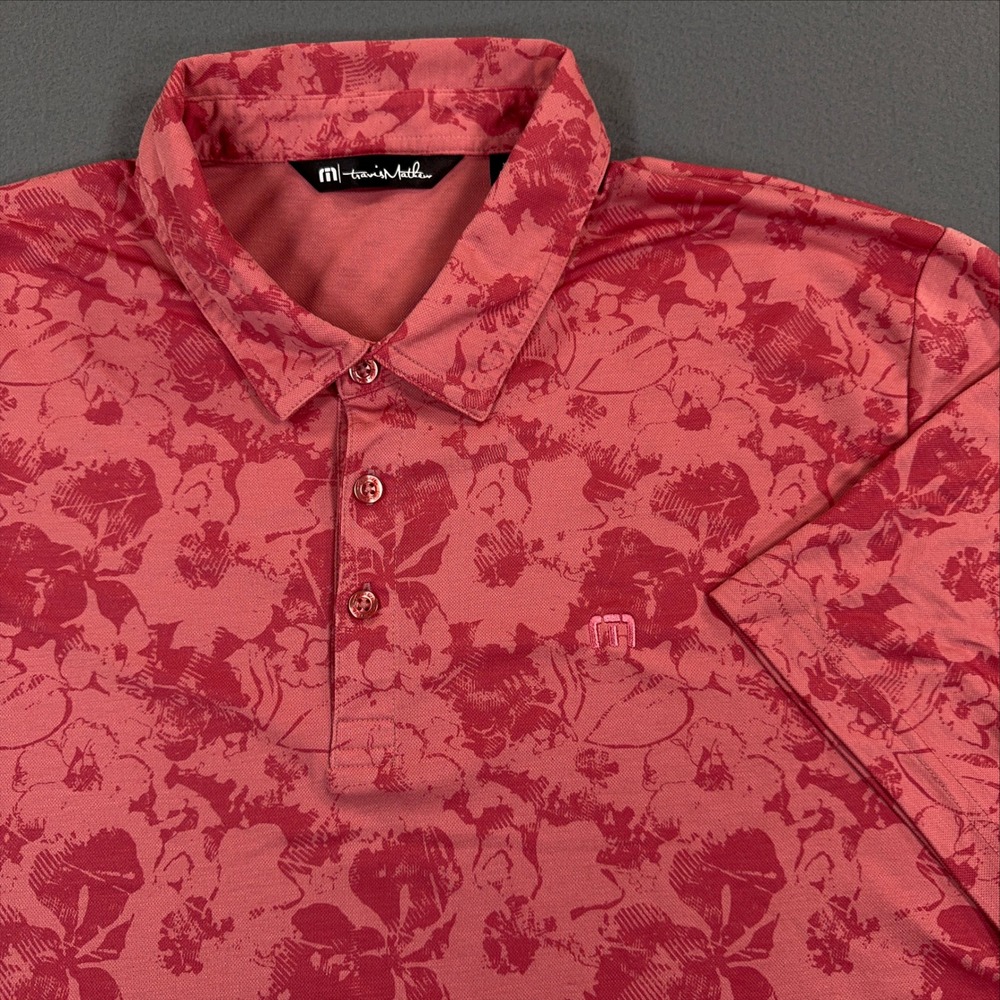 Travis Mathew Mens XXL Red Pink Floral Camo Short Sleeve Golf Polo Shirt